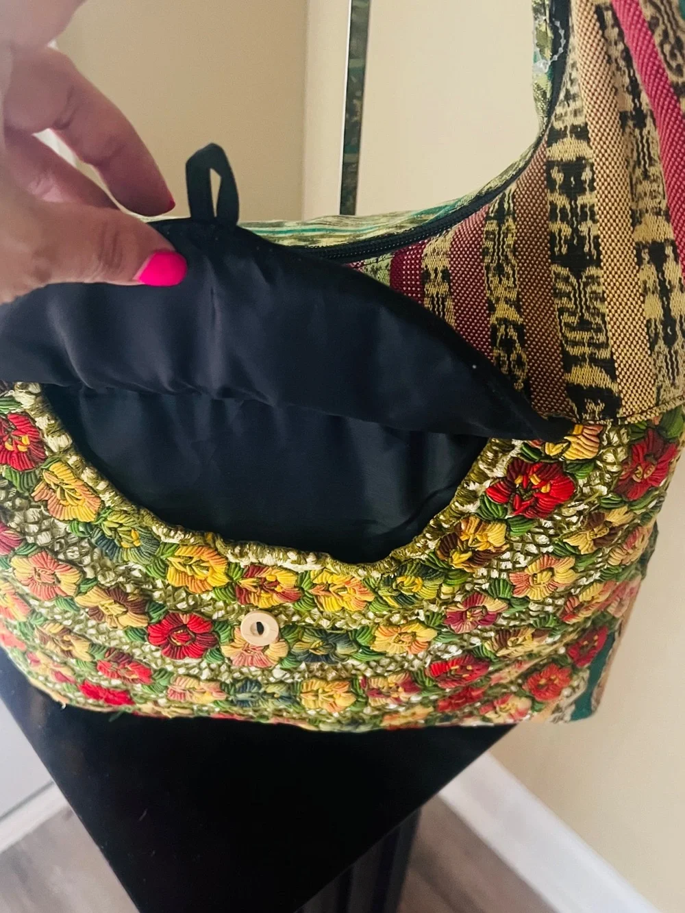Boho Embroidered Floral Tote Bag - Green Multicolor